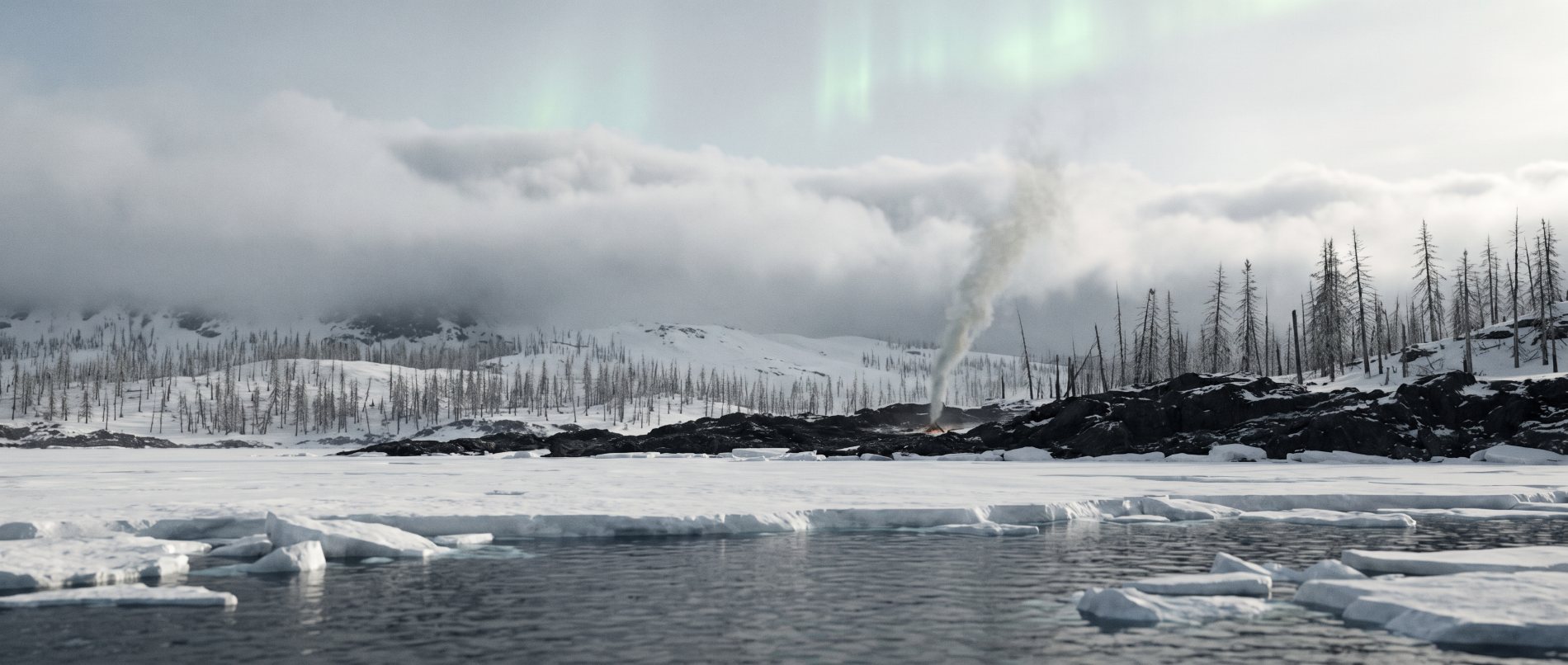 The frozen southern shore of Atmora seen from the water