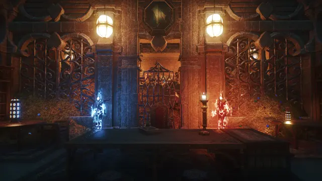 A blue flame and a red flame at the gates