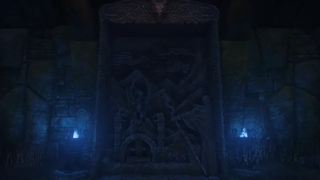 A dragon carved between blue fires