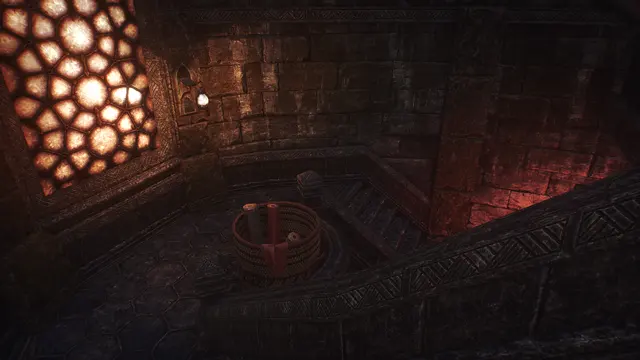 The stair down, past the glowing lattice